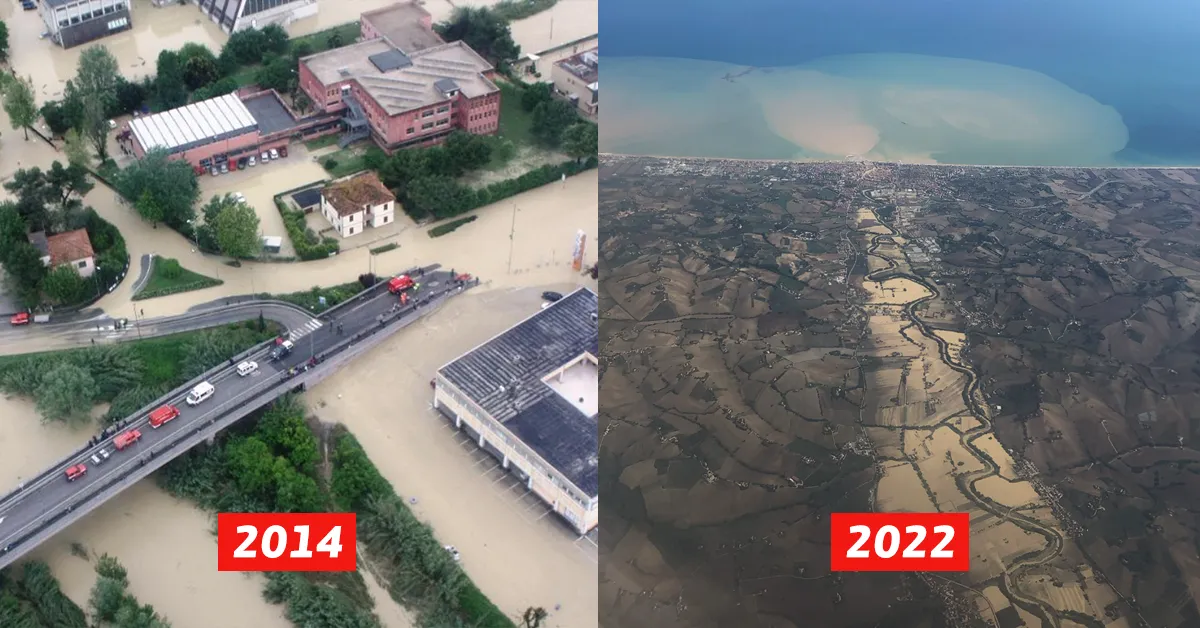 A sinistra, una foto dall'alto in zona Ponte Zavatti: tutte le strade sono sotto l'acqua marrona, tranne la campata del ponte. A destra la foto aerea della Val Misa, in cui si vede la vallata allagata fino alla fose di Senigallia, e la chiazza di fango nel mare