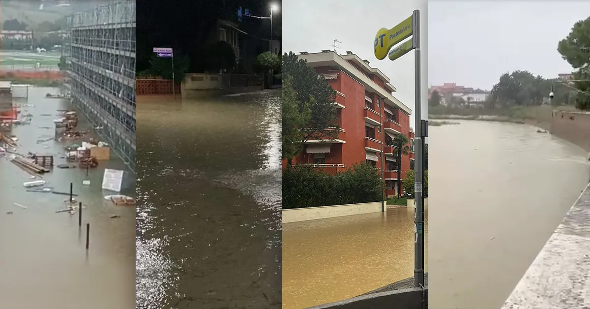 A destra, il fiume Misa sotto le soglie di allerta. In altre 4 immagini si vedono via della città completamente allagate