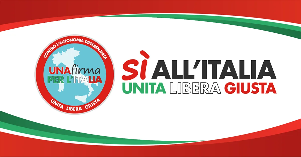 Il simbolo contiene la sagoma dell'Italia e la scritta "Una firma per l'Italia". A destra si legge Sì all'Italia Unita, libera, giusta