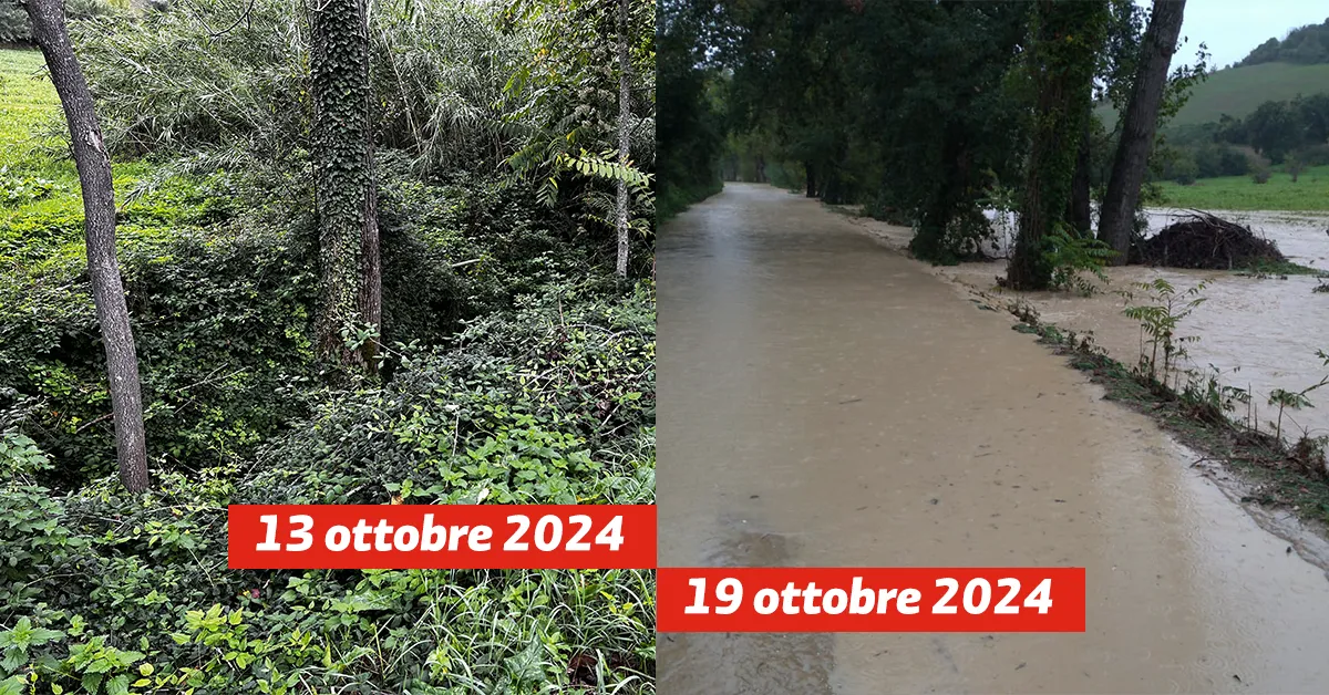 A sinistra il fosso pieno di vegetazione in una foto di domenica 13 ottobre 2024, a destra il fosso e la strada allagata, 6 giorni dopo.