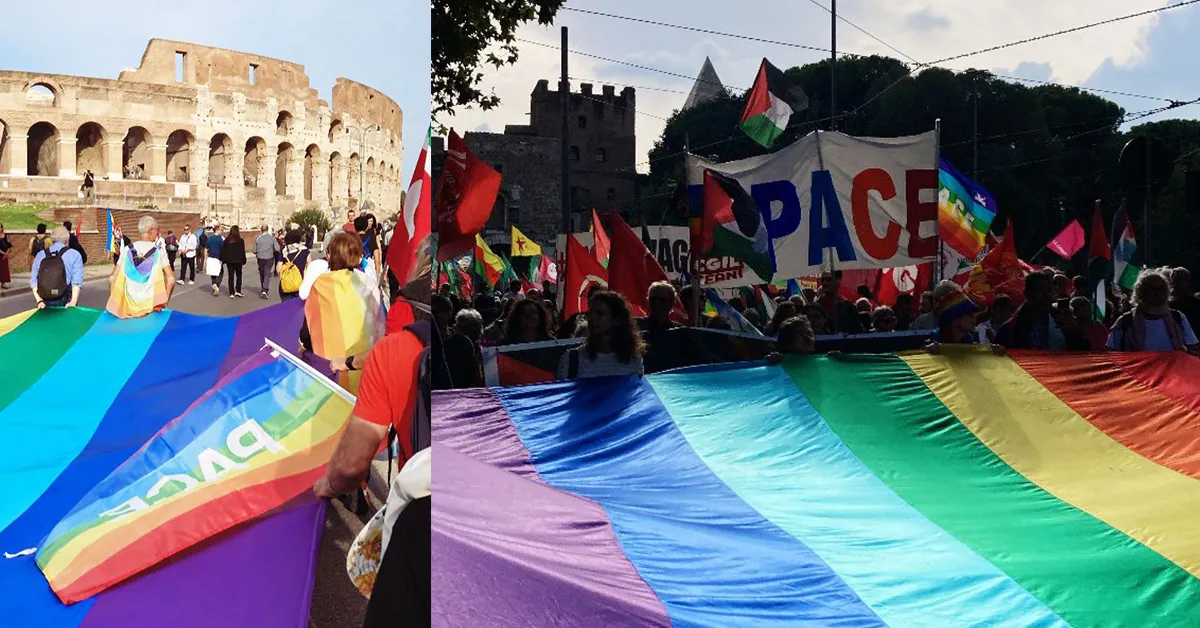 A sinistra, la bandierona della pace che sfila sotto il Colosseo. A destra, la bandierona della pace e tante persone che la tengono, mentre altre impugnano cartelli con su scritta pace o bandiere della pace o di partito