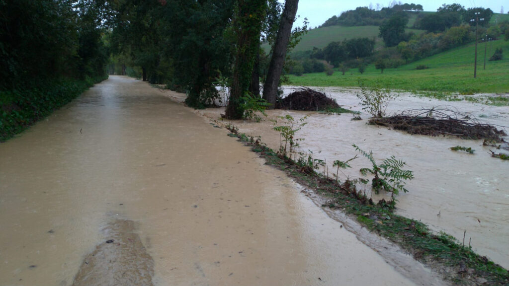 Il fosso è pieno e l'acqua invade sia la strada che il campo