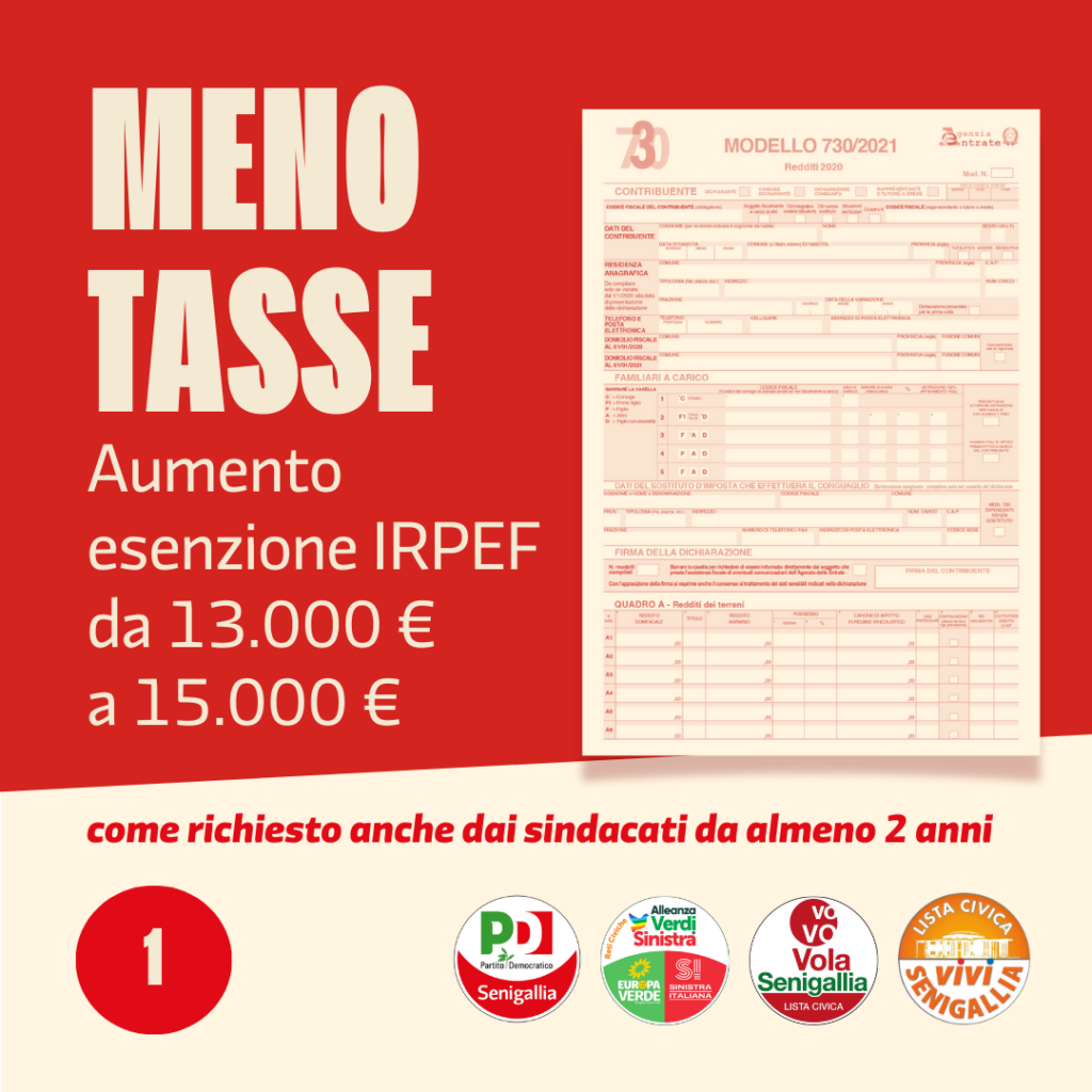 MENO TASSE Aumento esenzione IRPEF da 13000 € a 15000 €, come richiesto anche dai sindacati da almeno due anni