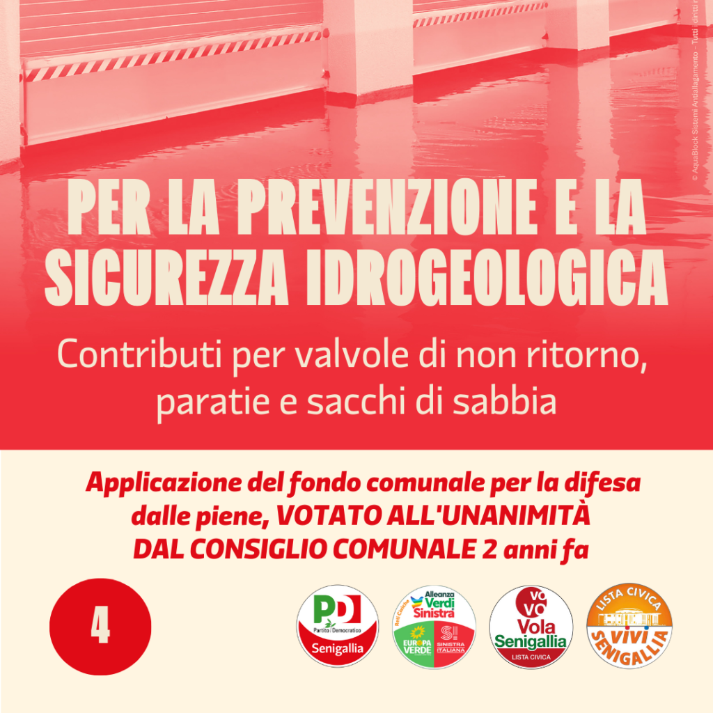 PER LA PREVENZIONE E LA SICUREZZA IDROGEOLOGICA Contributi per valvole di non ritorno, paratie e sacchi di sabbia Applicazione del fondo comunale per la difesa dalle piene, VOTATO ALL'UNANIMITÀ DAL CONSIGLIO COMUNALE due anni fa